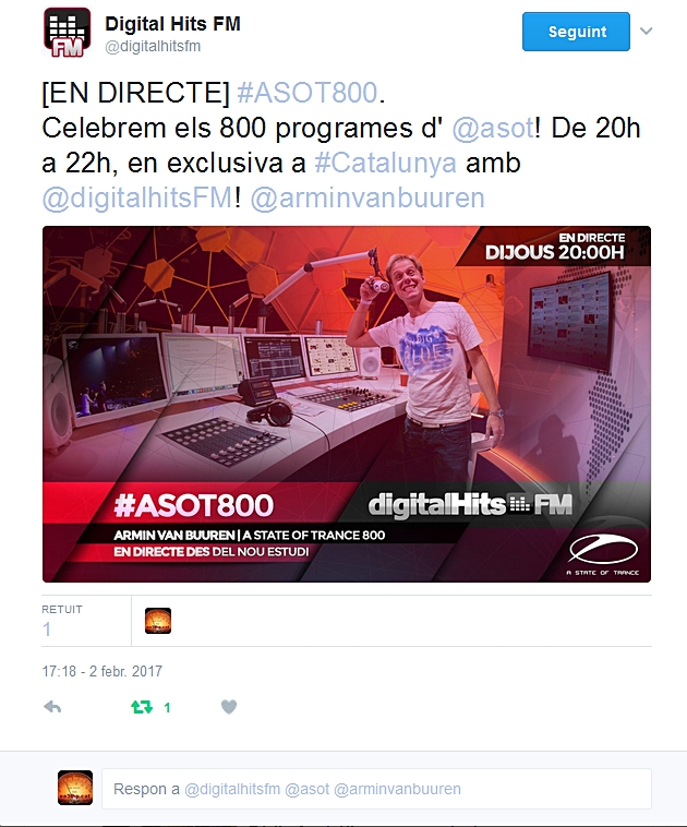 Avui, 800 programes de "A State of Trance" en exclusiva a Digital Hits FM