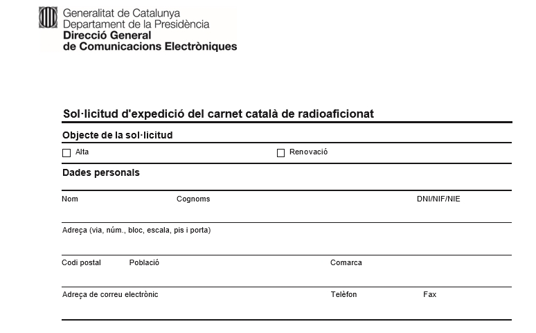 Formulari per a la renovació del carnet català de radioaficionat
