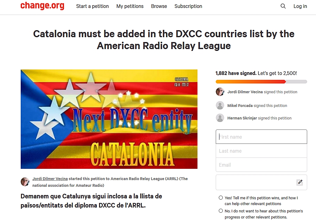 Catalonia must be added in the DXCC countries list by the American Radio Relay League